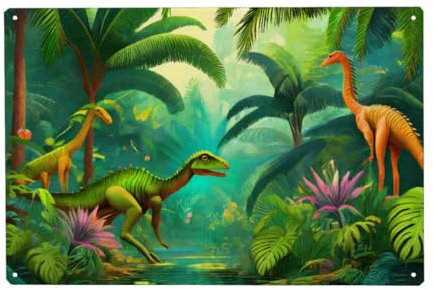 artboxONE Metall-Poster 30x45 cm Für Kinder Dinosaurier im tropischen Wald von Künstler Uwe Merkel