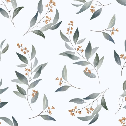 Fvlow Blue Leaf Peel and Stick Wallpaper - Vintage White Floral Vinyl Wrap Kitchen Worktop Covering - Self Adhesive Thick Leaf Wallpaper for Bedroom Furniture Sticker Décor - 44.5cm x 300cm