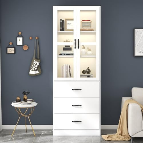 YESGIGA Vitrine 200 cm hoch, Standvitrine mit 3 Schubladen und 2 beweglichen Trennwänden, 2 Glastüren, LED-Beleuchtung (Stil A)