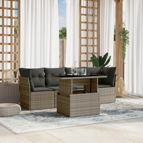Homgoday 5-TLG. Gartenlounge Set Gartenmöbel Loungemöbel Gartensofa Lounge Balkonmobelset Eck Terrassenmöbel Ecksofa Ecklounge Sitzgruppe mit Tisch Höhenverstellbar Grau Poly Rattan