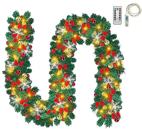 Vigevee Weihnachtsgirlande 5m mit Beleuchtung, Künstliche Tannengirlande mit 100 LEDs Warmweiß inkl.Deko und Fernbedienung, USB 8 Modus Lichterketten, Weihnachtsdeko In & Outdoor