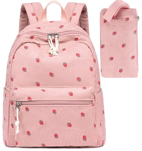 LEDAOU Mini-Rucksack-Set, modische Büchertaschen mit Geldbörse, Rosa Erdbeere, 27,4 x 26,9 x 14 cm, für Damen, Teenager, Schule, Reisetasche