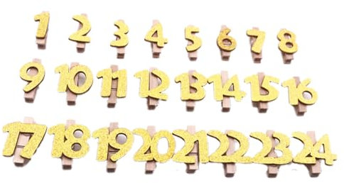 TMTGTS Holzklammern Glitzer 1Set Klammern Zahlen 1 bis 24 Adventskalender Zahlen Holz mit Klammern Deko Klammern Zahlen Adventskalender Buttons für Drinnen Draußen Weihnachten Hängende Deko(Gold1#)