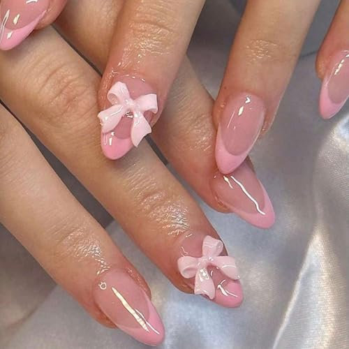 Irikdescia 24 Stück Französischer Press On Nails In Medium Mit Schleife, Rosa Mit Schleife Nägel Zum Aufkleben, French Tip Almond Formige Fake Nails(RosaB)