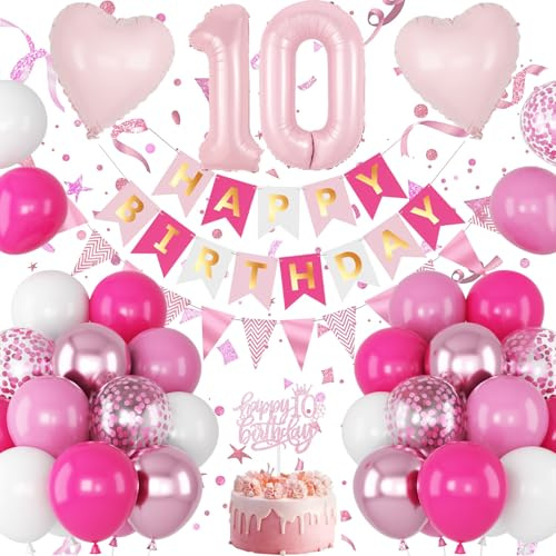 Girls 10th Birthday Decorations, Pink Double Digits 10th Balloon Hot Light Pink White Balloons Happy Birthday Banner Number 10 Balloon Heart Cake Topper for Princess 10 Year Old Bday Party Decoration