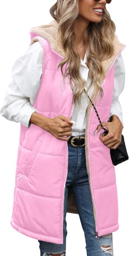 RITOSTA Gilet Femme Doudoune sans Manche Veste Polaire Manteau Automne Hiver Manteaux Zippé Chaud Gilet Long Réversible Sherpa Gilets avec Poches(Rose,XXL)