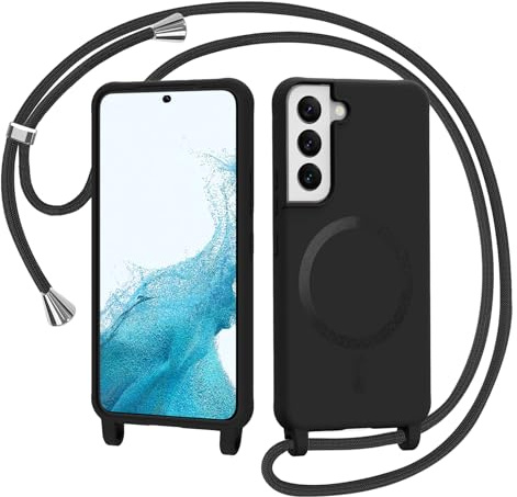 AOMYKE Coque Magnétique pour Samsung Galaxy S22 avec Cordon, Compatible avec MagSafe Collier Étui Silicone avec Tour de Cou Lanière en Corde Souple TPU Antichoc Housse, Noir