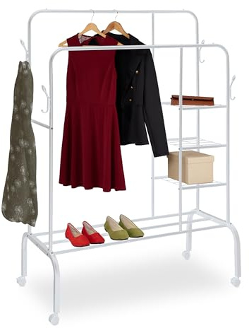 Relaxdays Clothing Rack, Double Clothes Rail with Wheels & Shelves, 154x110x55 cm, Freestanding Wardrobe, Metal, White