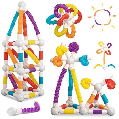 LONEEDY 48-teiliges Bauspielzeug-Set mit einziehbaren Magnetstäben, Flexible Magnetstäbe und -Kugeln, pädagogische Bausteine für Kinder ab 3 Jahren (48PCS)