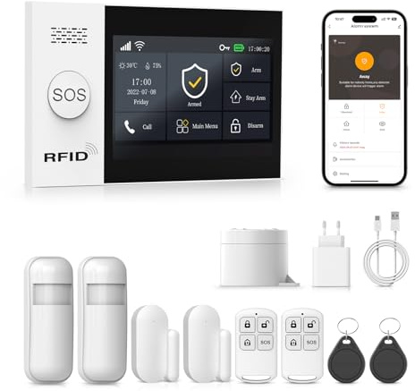 Alarmanlage Haus, 10-teiliger Set mit Wi-Fi und APP, Kabelgebundene Sirene, Tür- und Fenstersensoren, Fernbedienungen, Anwendbar auf Wohnung, Garage, Büro (2,4G WLAN),Kompatibel mit Alexa Assistent