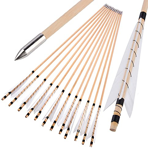 surwolf 32” bågskyttepilar av trä, traditionellt handgjorda, med 5” kalkonfjäder, OD8mm träskena, jaktmål för långbåge/recurvebåge hästbåge 12 st.