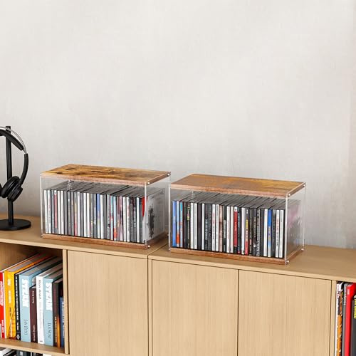 ihomecooker 2Pack Stackable Wood Acrylic CD Holder Desk Rack Organizer Holds up to 60 CD Jewel Cases Media Storage Rack for Movie & Video Games Collections (Burning Wood, Short)