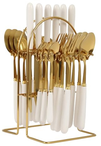 24-Piece Cutlery Set with Storage Stand | 410 Stainless Steel & Ceramic Handle for Family Dinners/Parties/Hotels Tableware Set for Home & Restaurant Use (Gold+White)