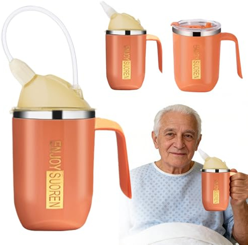 Nzkeuf Elderly Leak-Proof Straw Cup with Handle, 400ml Non-Spill Sippy Cup for Adults, Senior Drinking/Feeding Cup, Adult Hydration Caregiver Cup with 30cm Straw and Grip Handle, Easy to Use & Clean