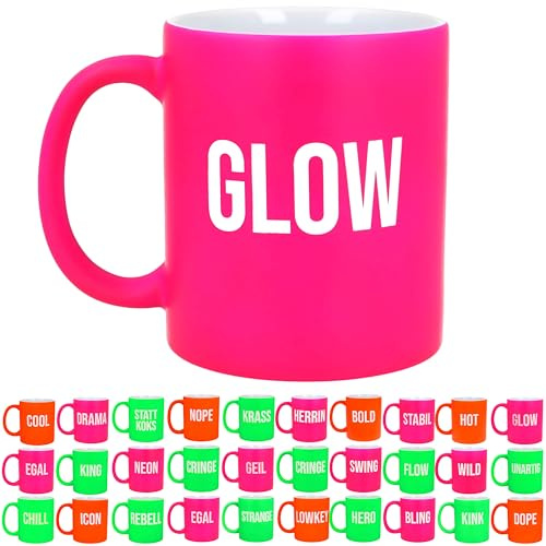 Neon Statement Tasse 350 ml – Kaffeebecher mit Lasergravur – Pink, Grün oder Orange – Ein-Wort-Design – Spülmaschinenfest – Trend Geschenk (GLOW - pink)