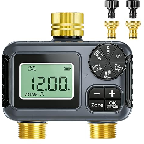 IPX5 Programmateur Arrosage 2 Voies Avec Entrée en Laiton, Grand écran LCD,Temporizador con Retardo por Lluvia y Modo Manual para Jardín