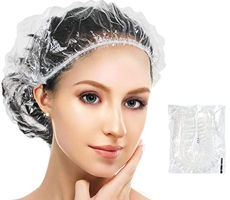 G2PLUS 100 Stück Einweg Duschhaube Einzeln Eingewickelt-44CM Kunststoff Duschkappe, Haarschutz Haarhaube für Salon,Spa,Reise, Hotel,Dusche