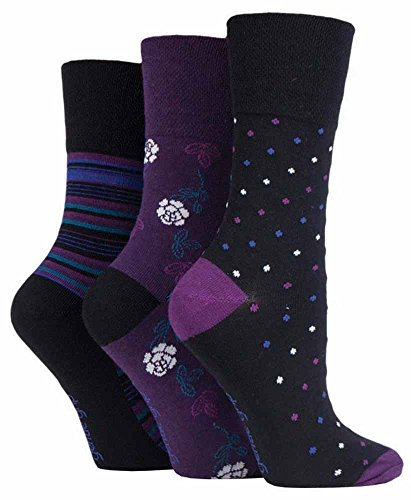 3 Pairs Ladies Black Purple Spot Stripe Floral Gentle Grip Socks, UK Size 4-8