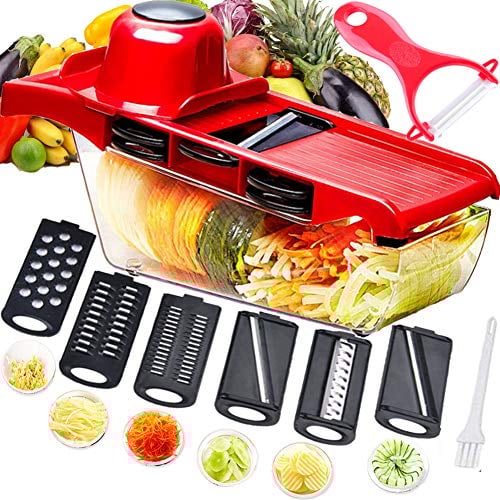 Trancheuse Mandoline,Coupe-légumes,Broyeur de Nourriture,Hachoir à Râpe,6 Lames Tranchantes en Acier Inoxydable Interchangeables Avec Eplucheur,Protège-main de Sécurité