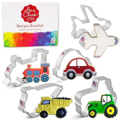 Ann Clark Transportation and Vehicles Cookie Cutter 5-Pc Set (Tractor, Train, Dump Truck, Airplane, Car) Made in USA