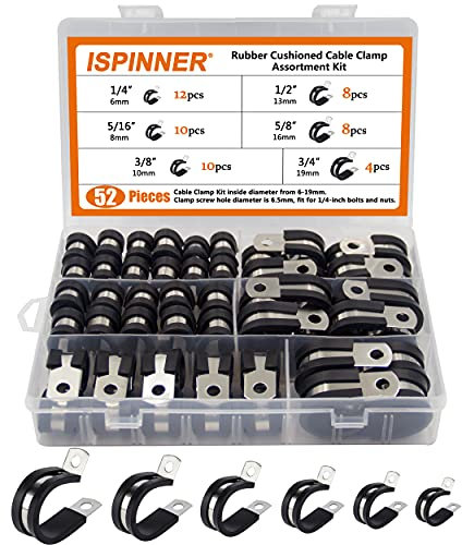 ISPINNER 52pcs Cable Clamps Assortment Kit, 304 Stainless Steel Rubber Cushion Pipe Clamps in 6 Sizes 1/4 5/16 3/8 1/2 5/8 3/4