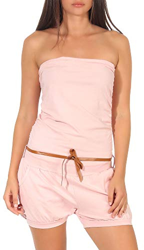 malito - Damen Jumpsuit - Einteiler mit Gürtel & Taschen - Bandeau Sommer Overall - kurzer trägerloser Playsuit - unifarbener Romper 8964 (Rosa)