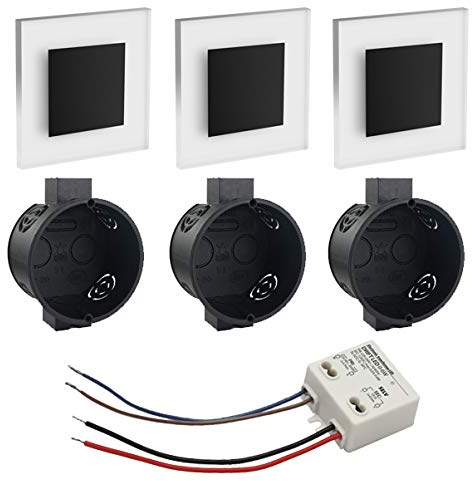 Premium Set LED Wandeinbaustrahler schwarz Treppenlicht Wandstrahler Treppenbeleuchtung Satinglas für Treppen, Möbel, Flur etc. eckig quad inkl. Up-Dose und Trafo für 230V warmweiß WB1B (3er-Set)