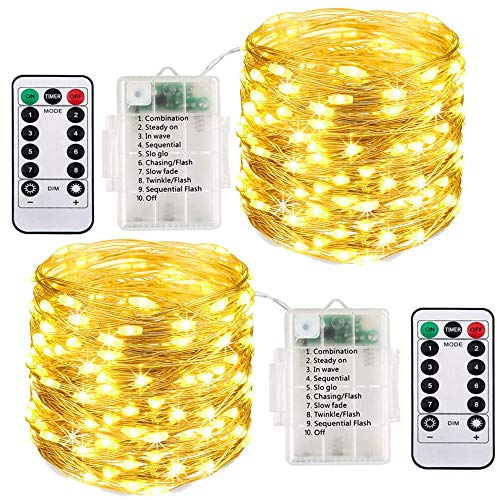 ooklee® [2 Pack Fairy Lights Battery Operated, 10M 100 LED String Lights Waterproof Outdoor/Indoor, 8 Modes with Remote Timer, Twinkle Lighting for Gazebo Party Room Garland Xmas Decor (Warm White)