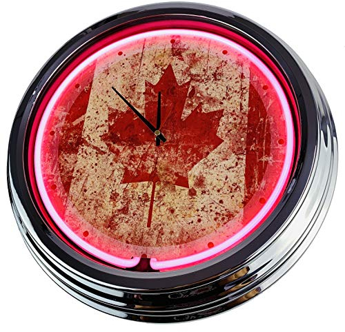 US-Way.de Canada Flagg – 44 cm Durchmesser, Deko-Wanduhr ohne Tickgeräusche und gut lesbares Display, USA 50er-Jahre-Stil Neon-Uhr für Küche, Büro (Rosa)