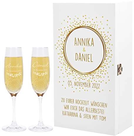 Herz & Heim® 2 Leonardo Sektgläser zur Hochzeit mit Gravur in weißer Holz-Geschenkbox - ideales Hochzeitsgeschenk Golden