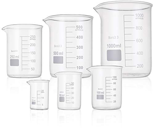 Yarlung 6 Pack Glass Beakers Set, Graduated Measuring Beakers Thick Boro 3.3, Griffin Low Form 25/50/100/250/500/1000ml