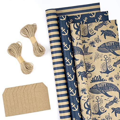 RUSPEPA Packpapierrollen Mit Etiketten, Jute-Schnur - 43cm X 3m Pro Rolle, Insgesamt 3 Rollen, Marineblau