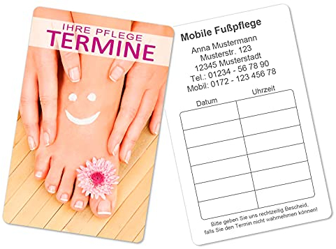 500 Terminkarten bedruckt mit Ihrer Adresse für Fußpflege Pediküre - Kein Stempel notwendig - Inkl. Kartenspender