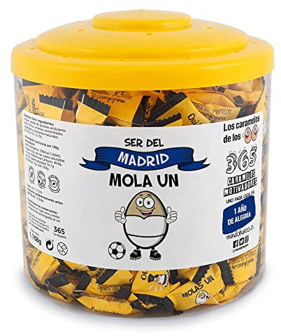 Regalo original. Tarro con 365 caramelos motivadores. Ser del Madrid mola un huevo. Un caramelo motivador para cada dia del año