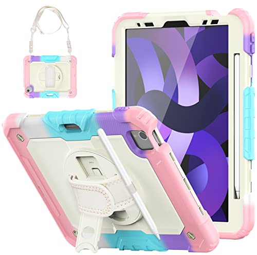 SEYMCY Funda para iPad Air de 4ª generación para niños, Air 4 10.9 Funda 2020 Protección completa con protector de pantalla, soporte giratorio también para iPad Pro 11, color rosa camuflaje