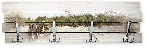 Wandgarderobe Strand aus Holz im Shabby-Chic-Design farbig bedruckt ca. 30x100cm 4 Doppel-Haken Made in Germany (Strand)