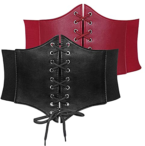 JasGood 2 Stück Damen Tied Waspie Gürtel, Breiter Elastischen Schnürgürtel Korsett Taille Gürtel für Halloween und Alltagskleidung