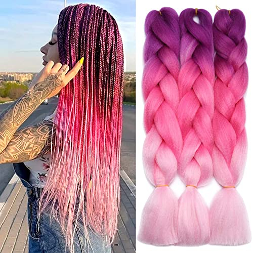 PORSMEER 3 Stücke Ombre Jumbo Braid Kunsthaar 24 Zoll 100g Kanekalon Haar Flechten Extensions Für Frauen Crochet Twist Flechten Haar,Haarverlängerung(Lila/Rot/Rosa)