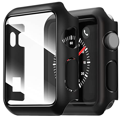 NEW'C 2 Pezzi Cover + Pellicola Prottetiva per Apple Watch Series 3/2/1 42mm - Custodia HD con protezione in vetro temperato integrata per Apple Watch 42mm Serie 3/2/1 - Nera