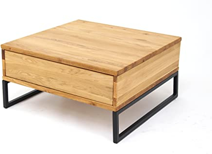 DEINE TANTE EMMA 2139 Couchtisch Hugo II Wohnzimmertisch Eiche massiv/Schwarz Metall mit Schublade ca. 65 x 34 x 65 cm