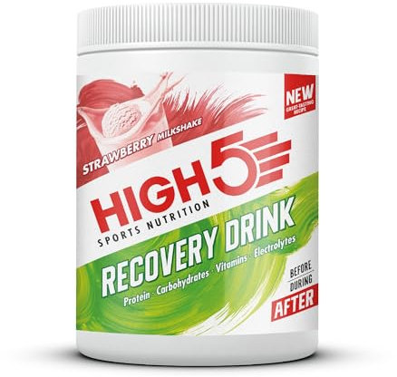 HIGH5 Recovery Drink - Carbohydrate and Whey Protein Powder (20g) for Muscle Recovery with Electrolytes Powder - Fast-Absorbing Post Workout Shake (Strawberry Milkshake, 450g - 9 Servings)
