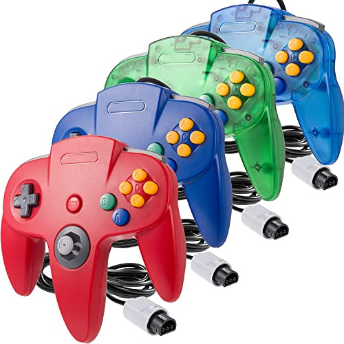 Miadore - Paquete de 4 controladores clásicos N64, controladores N64 con cable con joystick mejorado (versión USB sin PC) (rojo/azul/verde transparente)