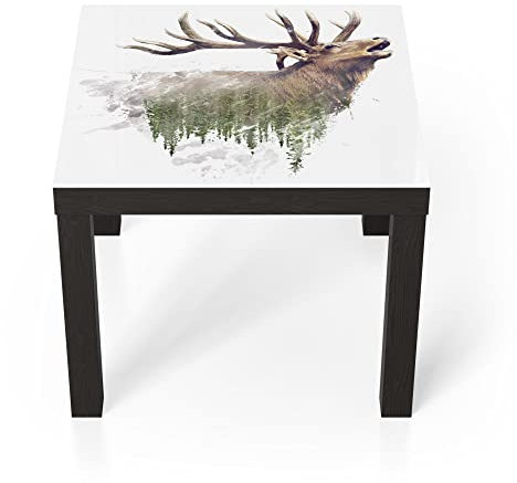 DEQORI Glastisch | schwarz klein 55x55 cm | Motiv Hirsch röhrt im Wald | ausgefallener Beistelltisch aus Glas | Hochglanz Couchtisch fürs Wohnzimmer | moderner Couch Tisch mit Design