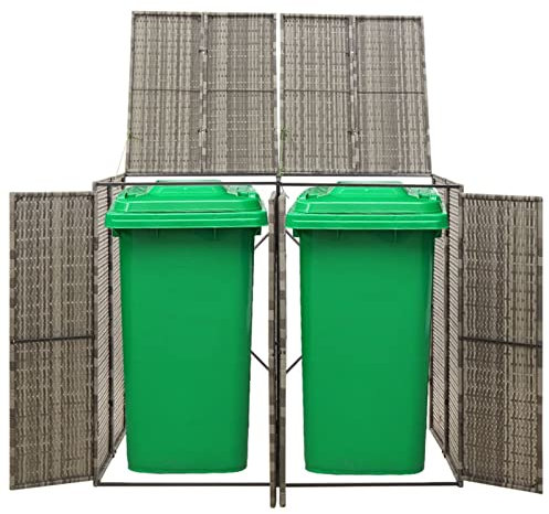 Yolola Double Wheelie Bin Shed, Durable Rattan Wheelie Bin Storage, Lockable Garden Trash Can Shed With Cover, Garbage Trash Storage Shed, Outdoor Wheelie Bin Hideaways, Grey 140x80x117 cm