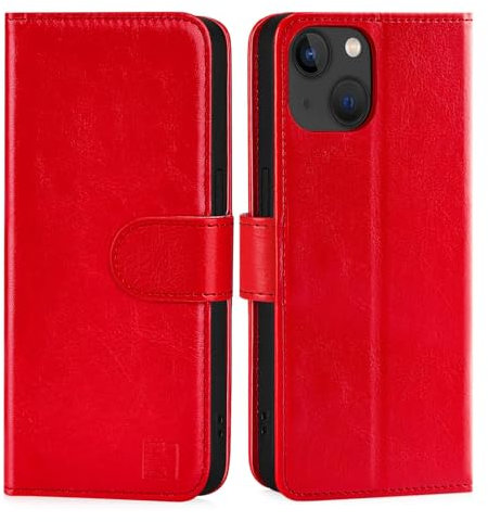 32nd PU Leder Mappen Hülle Flip Case Cover für Apple iPhone 15 (6.1), Ledertasche Hüllen Mit RFID-Blockierung Kartensteckplatz, Magnetverschluss und Standfuß - Rot