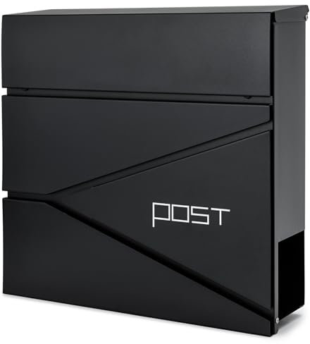 Verda Briefkasten mit Zeitungsfach, Postkasten Designer Wandbriefkasten mit Edelstahl, Schloss unter dem Deckel versteckt, 2X Schlüssel Zeitungsrolle, modern, Schwarz (SN3696-2)