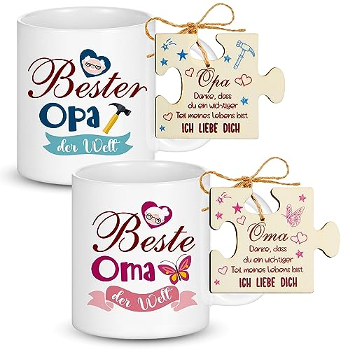Nuenen 4 Stück Oma und Opa Tassen Set 2 Oma Opa Tassen Kaffeetassen mit 2 Holz Geschenkanhänger in Puzzle Form, Weihnachten Geburtstag Dankeschön Geschenk für Großeltern von Enkel Enkelin Sohn Tochter