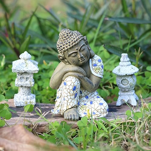 Pevfeciy Buddha Statue Buddha deko Buddha Figur Garten Harz Buddha Figur klein,Handgeschnitzt, Mit 2 Stupas im japanischen Stil, für Meditation, Zen-Gartendekoration, Bastelgeschenke, H-8cm,Grau