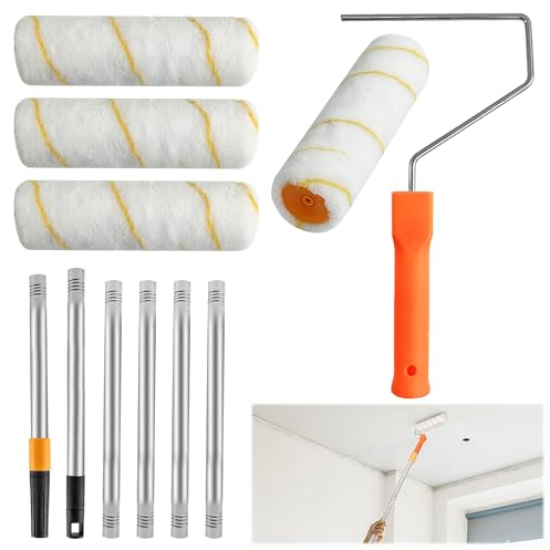 Tongboke Paint Roller Set, 1.8m Telescopic Pole + 9 Roller Brush + 3 Spare Brushes, Paint Roller Set with Extension Pole, Home Improvement Decorating Set, for Painting Ceilings and Walls