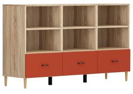 BLACK RED WHITE Kommode Modeo | Sideboard im Modern Stil | für Wohnzimmer, Esszimmer, Schlafzimmer, Jugendzimmer | Eiche Hell Dekor+Rot